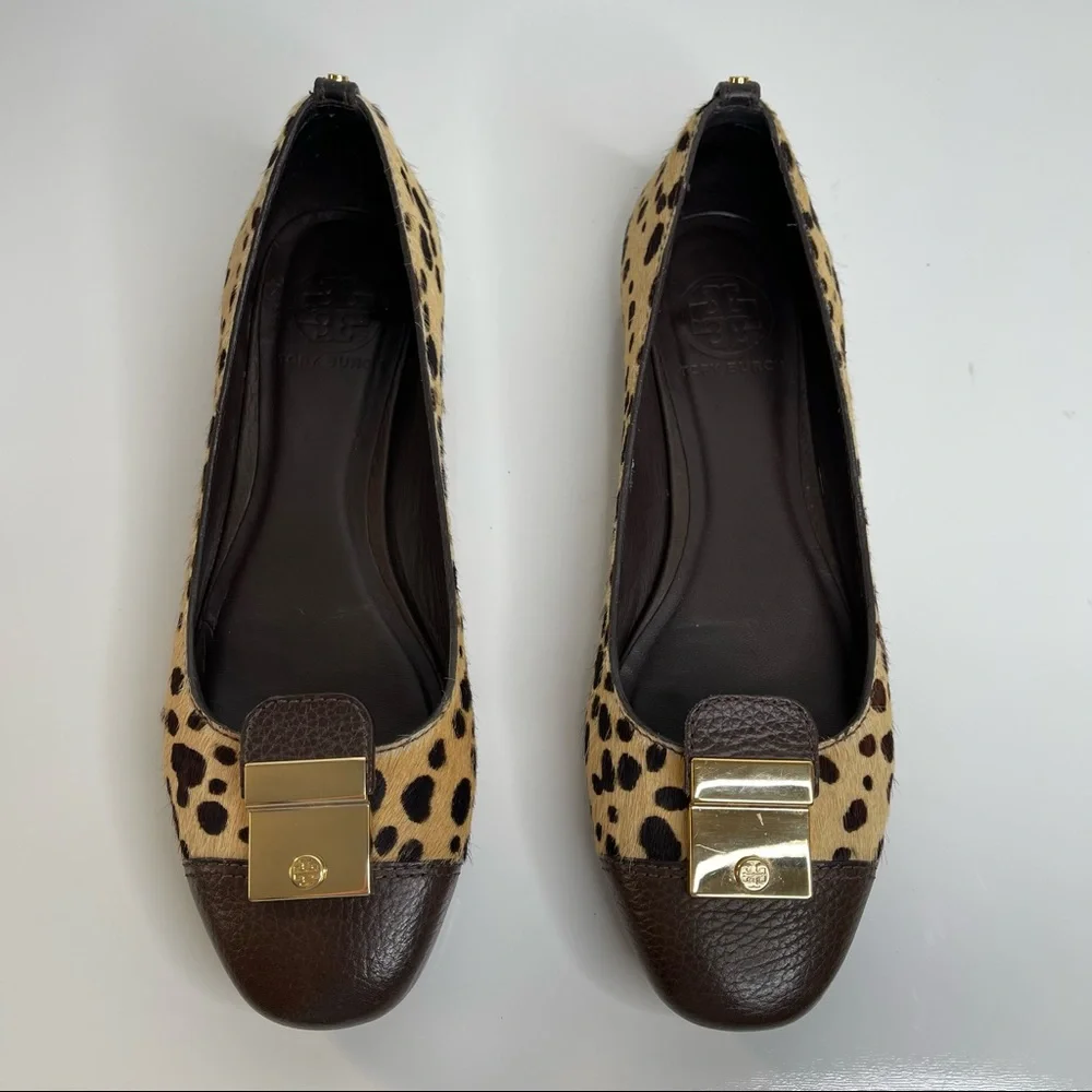 Tory Burch Priscilla Ballet Hair Calf Tumbled Leather Flat Cheetah Coconut Sz 8